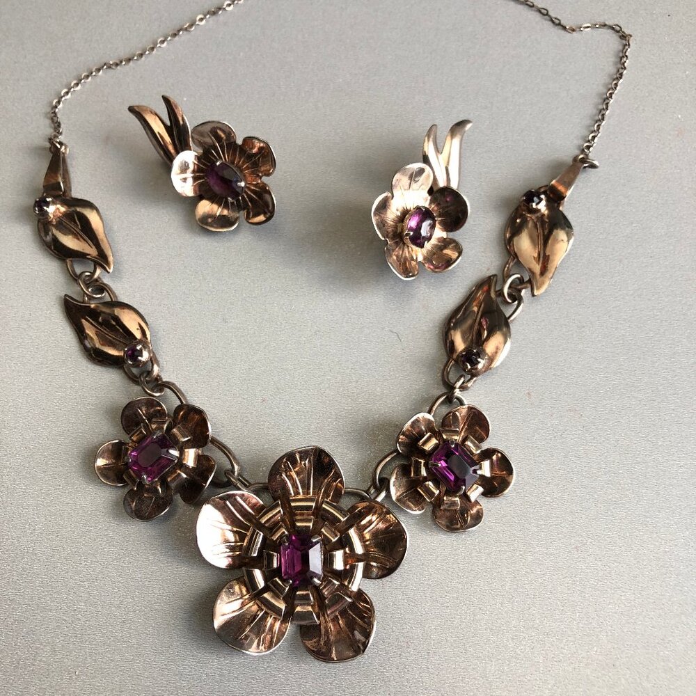 Vintage sterling silver amethyst glass necklace climber earrings set